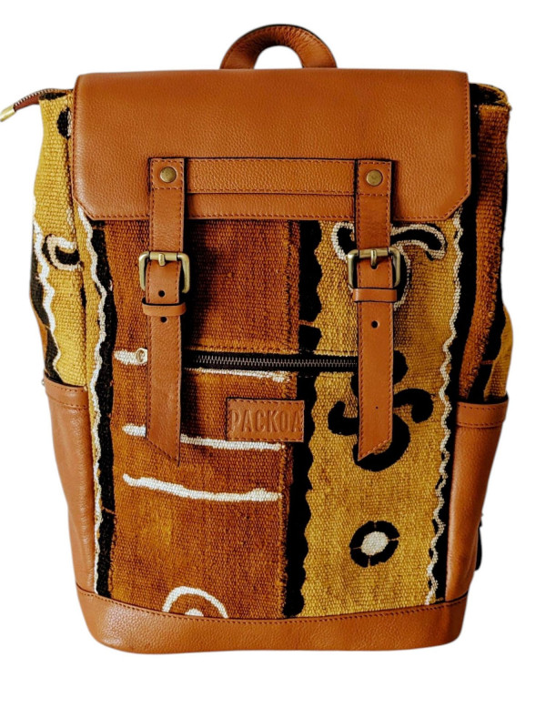 Sac à Dos Makeba en Cuir Camel Bogolan | PACKOA
