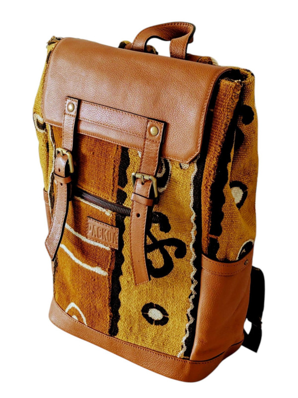 Sac à Dos Makeba en Cuir Camel Bogolan | PACKOA