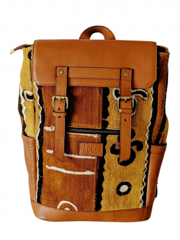 Sac à Dos Makeba en Cuir Camel Bogolan | PACKOA
